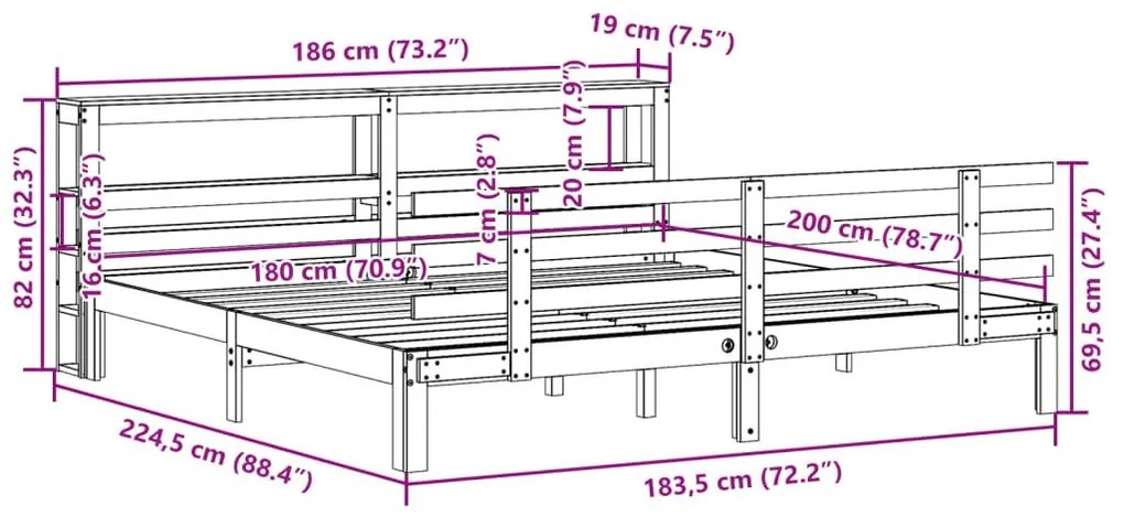 Πλαίσιο Κρεβατιού με Κεφαλάρι 180x200 εκ. από Μασίφ Ξύλο Πεύκου - Καφέ