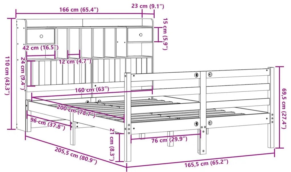 Κρεβάτι Βιβλιοθήκη Χωρίς Στρώμα 160x200 εκ Μασίφ Ξύλο Πεύκου - Λευκό