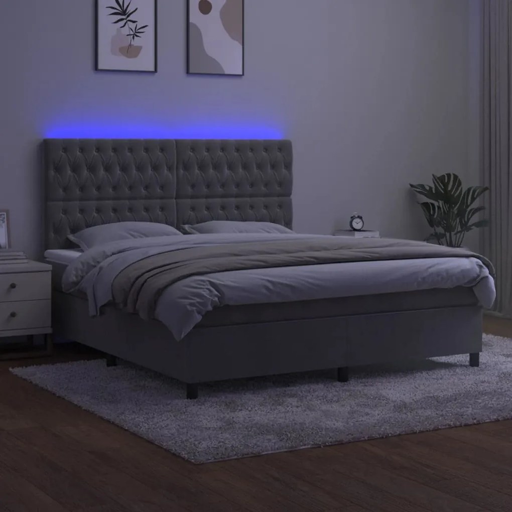 vidaXL Κρεβάτι Boxspring με Στρώμα &amp; LED Αν.Γκρι 160x200 εκ. Βελούδινο
