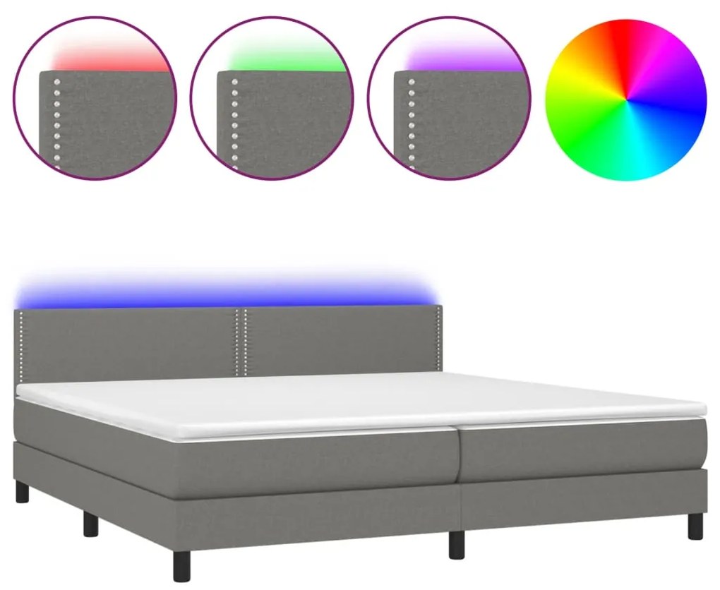 vidaXL Κρεβάτι Boxspring με Στρώμα & LED Σκ.Γκρι 200x200εκ. Υφασμάτινο