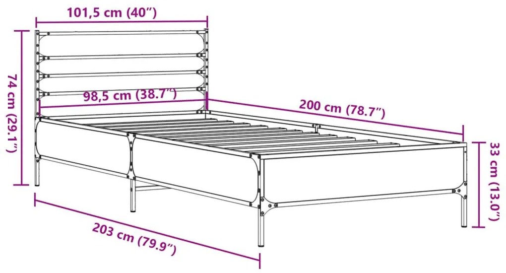 Πλαίσιο Κρεβατιού Sonoma Δρυς 100x200 εκ. Επεξ. Ξύλο &amp; Μέταλλο - Καφέ