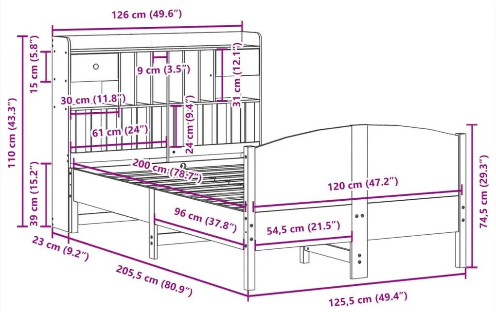 Κρεβάτι Βιβλιοθήκη Χωρίς Στρώμα 120x200 εκ Μασίφ Ξύλο Πεύκο - Καφέ