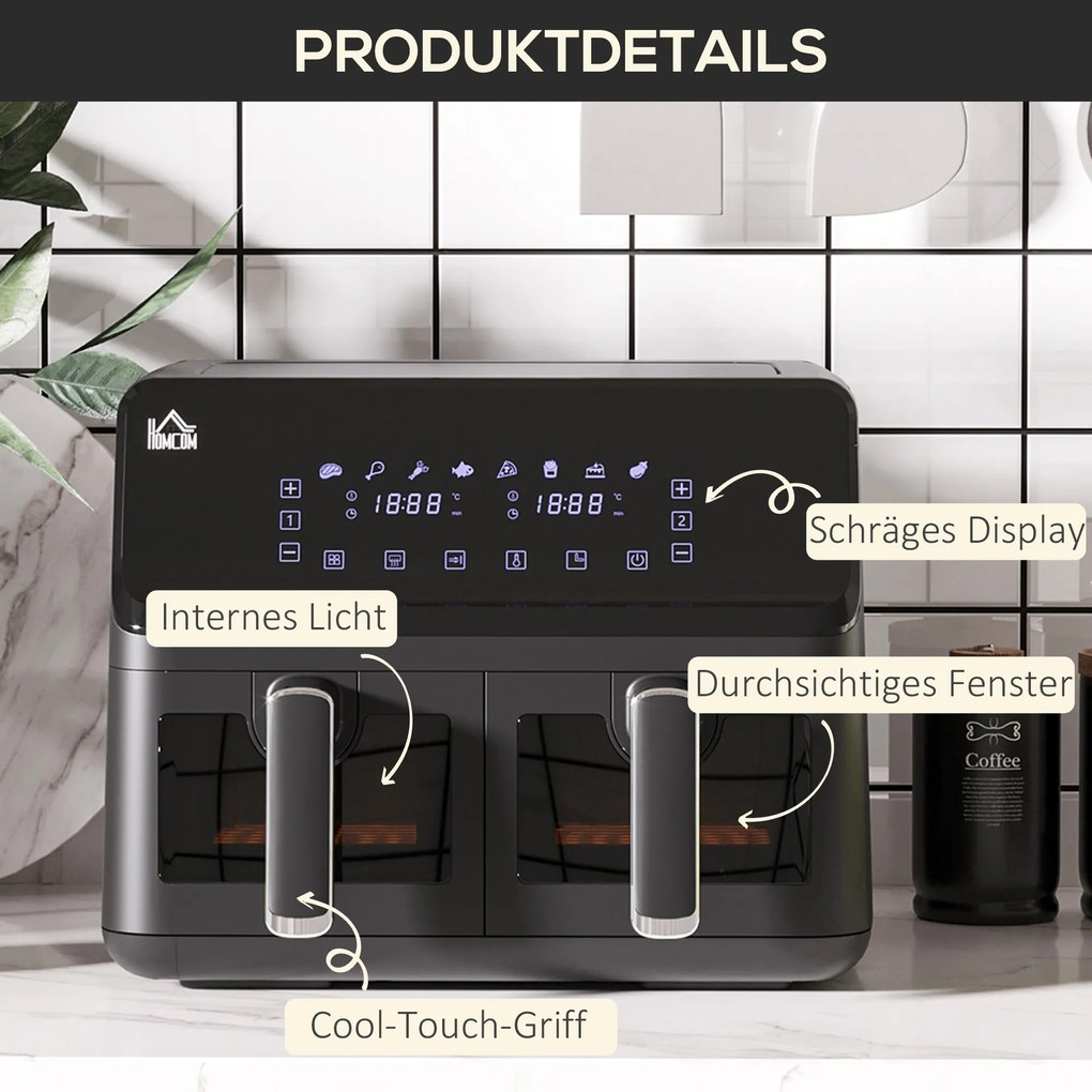 HOMCOM Φριτέζα αέρος, 2 καλάθια τηγανίσματος á 4 λίτρα, 8 προγράμματα, φως, χρονοδιακόπτης, 38,5 x 38 x 30,5 cm, Μαύρο