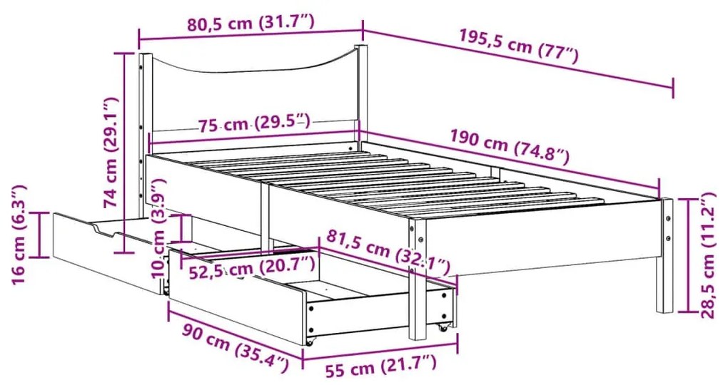 Πλαίσιο Κρεβατιού με Συρτάρια Καφέ 75x190 εκ. Μασίφ Ξύλο Πεύκου - Καφέ