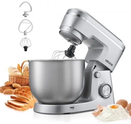 VEVOR Stand Mixer, 5.7 L Electric Kitchen Mixer, 1500W Dough-Mixer, 10 Speeds Tilt-head Food-Mixer with Stainless Steel Bowl, Dough Hook, Whisk, Beater, for Baking, Mixing, Whipping & Kneading, Silver