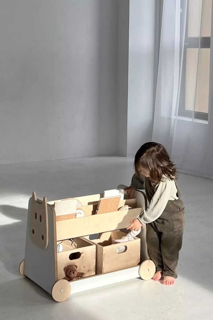 Ξύλινη Βιβλιοθήκη Montessori Τροχήλατη White + Natural  BabyWood