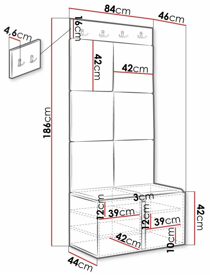 Σετ διαδρόμου Hartford 383, 186x84x46cm, Πράσινο, Μαύρο, Ινοσανίδες μέσης πυκνότητας, Πλαστικοποιημένη μοριοσανίδα, Ταπισερί, Εντοιχισμένη, Τοίχου