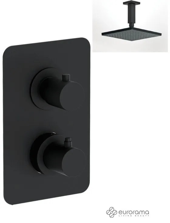Eurorama TONDA Thermo Black matt Κεφαλή 20εκ. +Θερμοστατικός μίκτης εντοιχισμού 2 ή 3 εξόδων με εκτροπέα