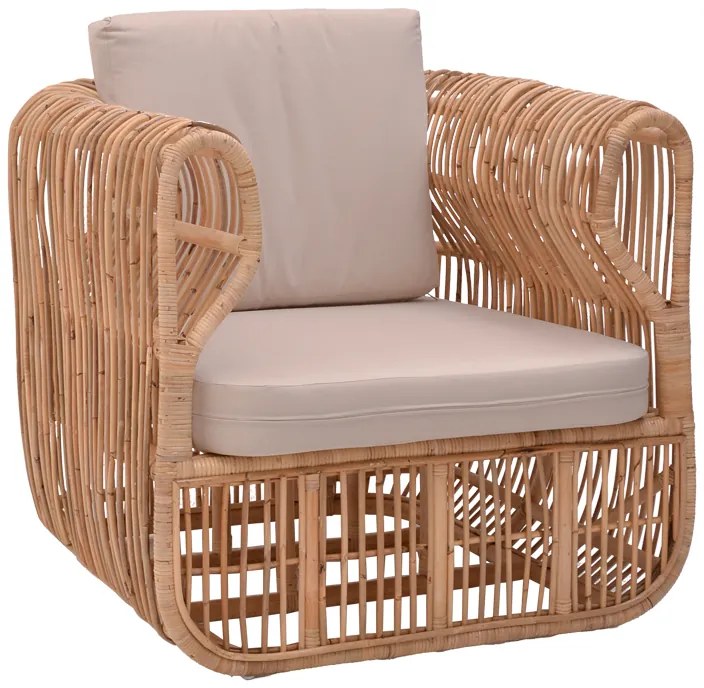 Πολυθρόνα Fajole pakoworld rattan σε φυσική απόχρωση με μπεζ μαξιλάρι 86x86x66εκ