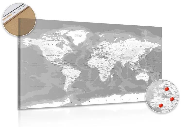 Εικόνα ενός μοντέρνου ασπρόμαυρου παγκόσμιου χάρτη σε φελλό - 120x80  transparent