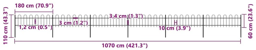 vidaXL Φράχτης Κήπου με Κορυφή από Ατσάλι 1070x60 εκ. Μαύρος