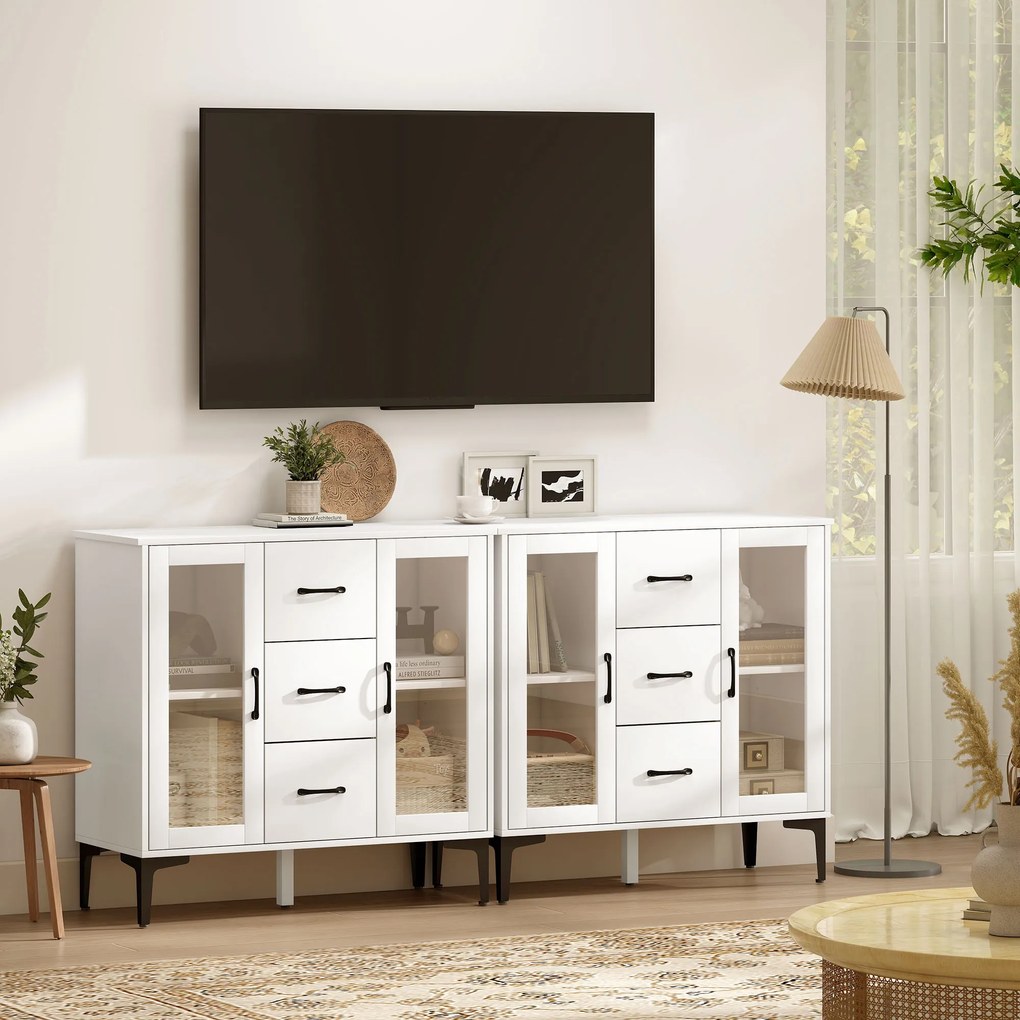 Μοντέρνο Sideboard με Soft-Close πόρτες, μπουφές με 3 συρτάρια, 2 γυάλινες πόρτες, ρυθμιζόμενα ράφια, MDF, λευκό