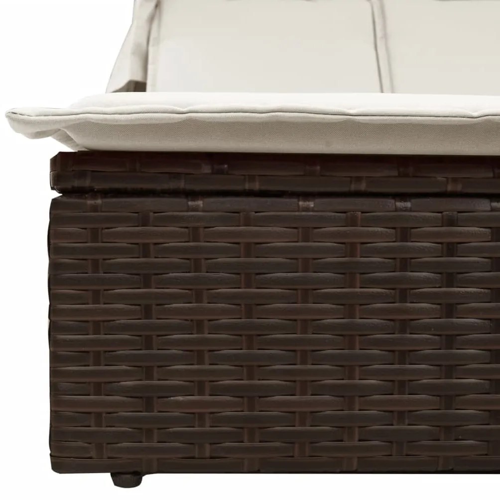 vidaXL Ξαπλώστρα Διπλή Καφέ Συνθετικό Ρατάν με Σκίαστρο και Μαξιλάρια