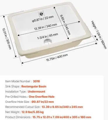 VEVOR Undermount Bathroom Sink, 400 x 305 mm Rectangular White Ceramic Vessel Sink with Overflow Hole, Under Counter Drop in Modern Lavatory Vanity Bath Wash Bowl Basin, Rectangle for Small Space