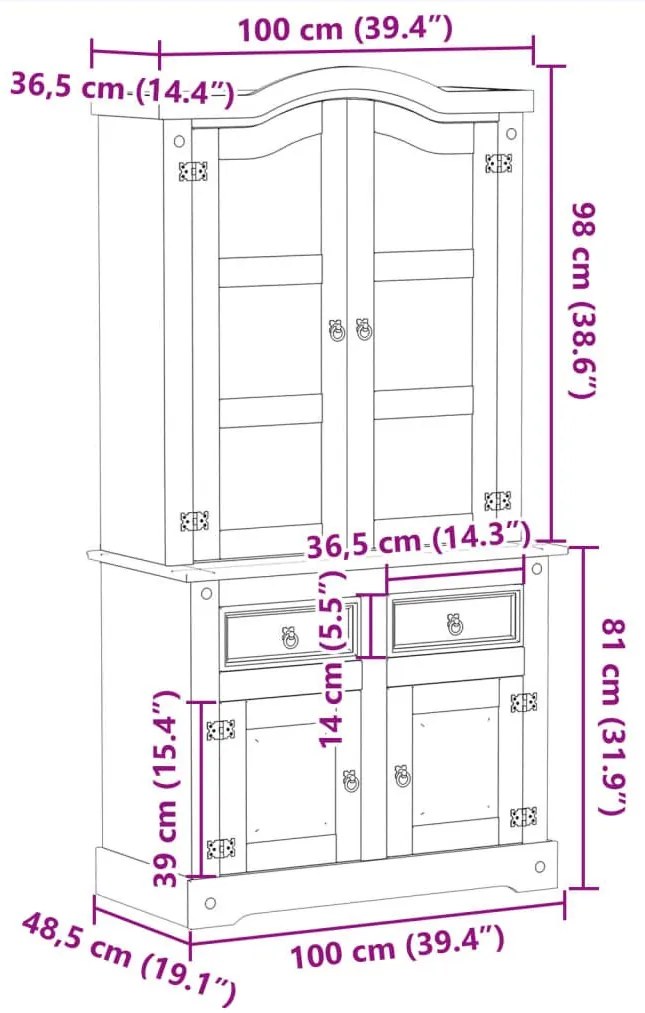 Βιτρίνα Corona 100 x 48,5 x 179 εκ. από Μασίφ Ξύλο Πεύκου - Καφέ