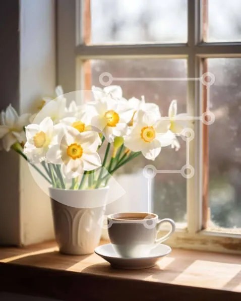 Σετ των 2 Intra Συλλεκτικό Ξύλινο Παζλ Plywood  4mm - Καφές και Νάρκισσοι στο περβάζι του παραθύρου Σε Ξύλινο Κουτί - Διαστάσεις: 10x10 cm – 25 κομμάτια