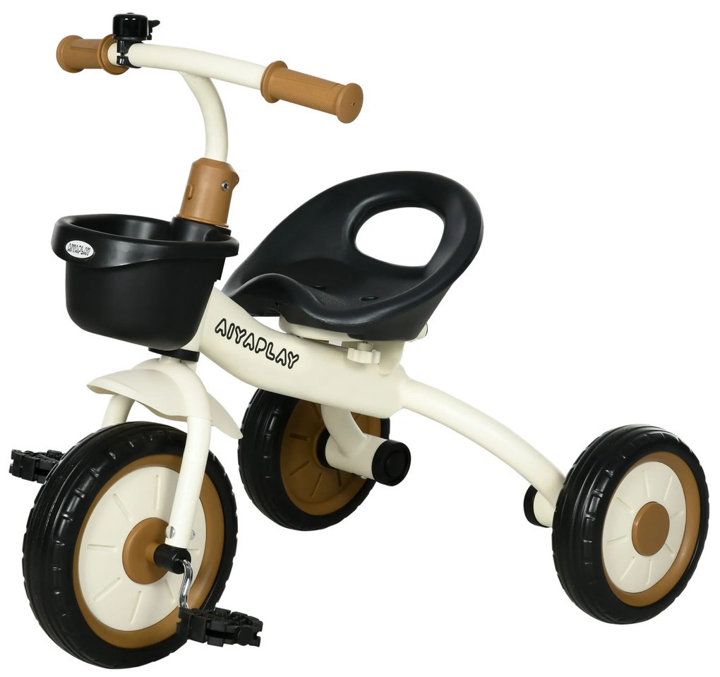 AIYAPLAY Τρίκυκλο για παιδιά 2-5 ετών, ρυθμιζόμενο ύψος καθίσματος, κουδούνι, καλάθι ποδηλάτου, μεταλλικός σκελετός, λευκό