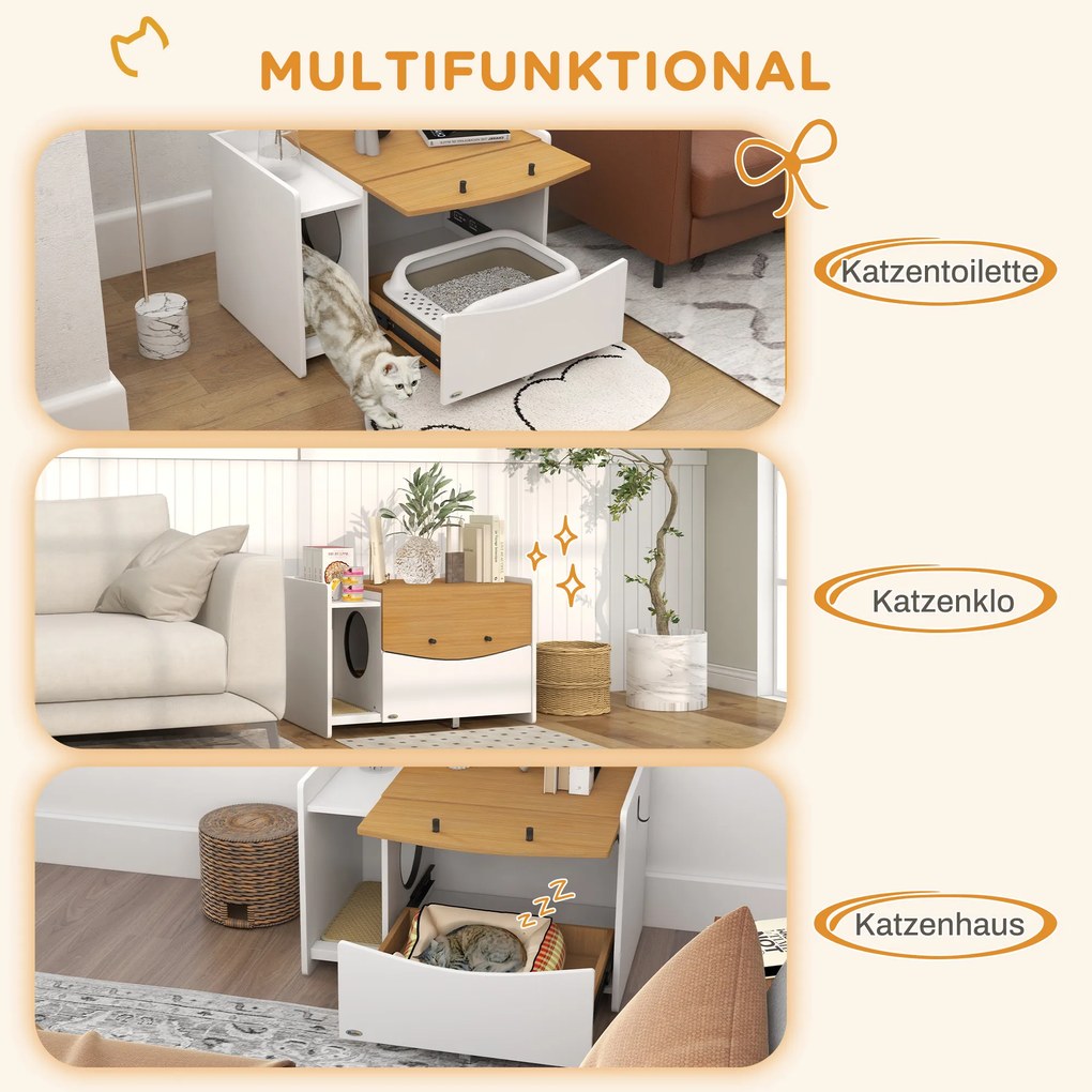 PawHut Έπιπλο Κρυψώνας για Γάτες, Συρταρωτό, Σχεδιασμός Ντουλαπιού, Δίσκος Απορριμμάτων, 78x50x51cm, Δρυς/Λευκό