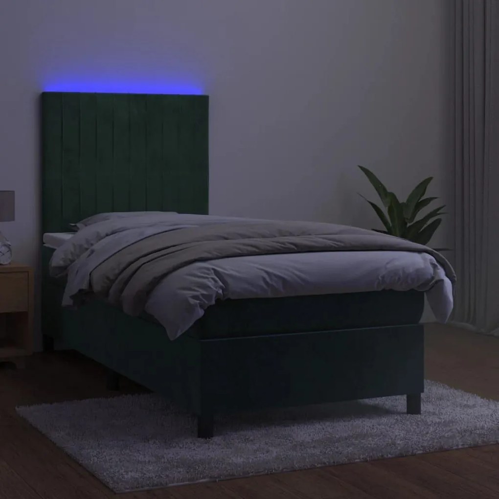 Κρεβάτι Boxspring με Στρώμα &amp; LED Σκ. Πράσινο 90x200 εκ Βελούδο - Πράσινο