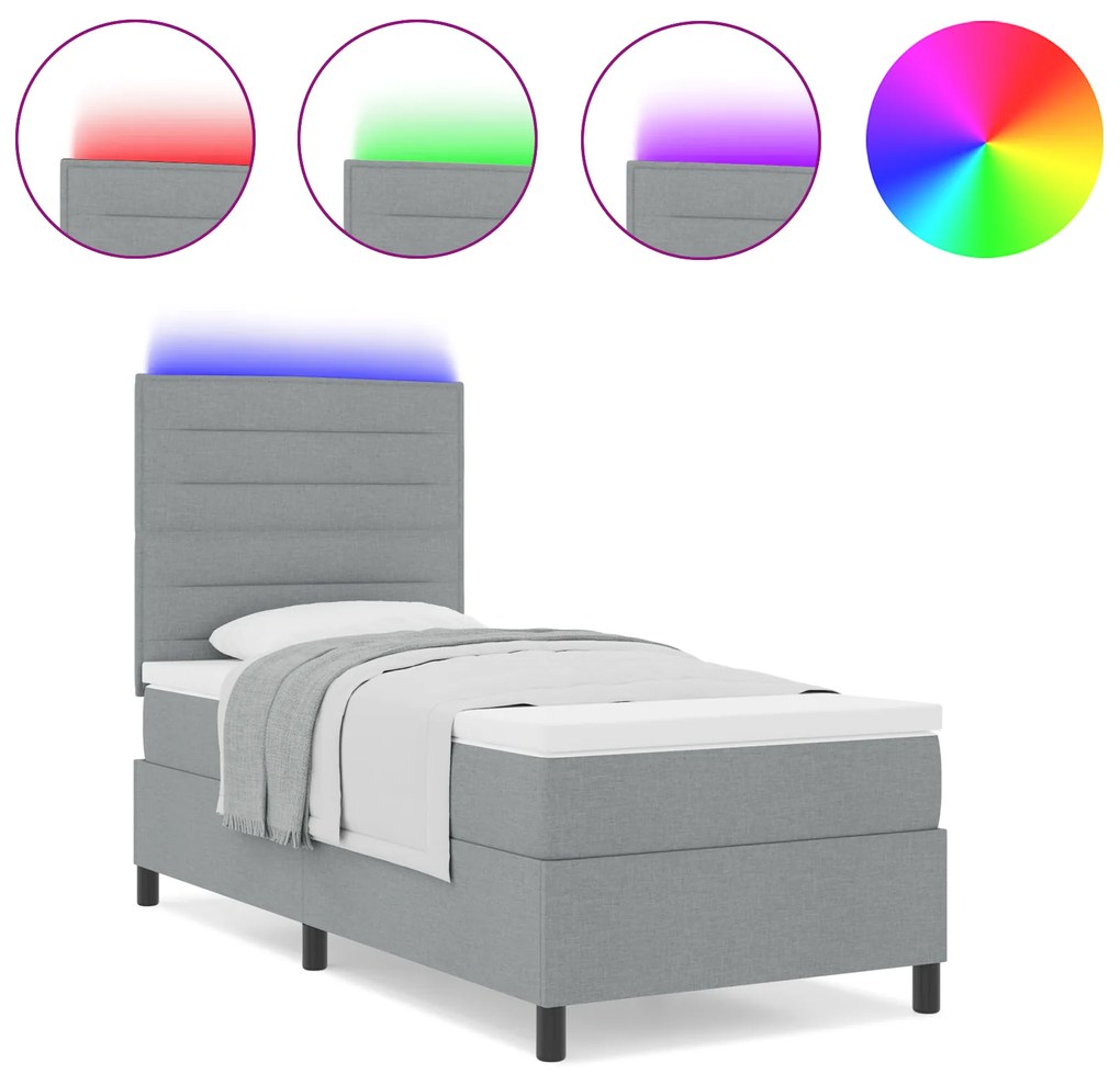 vidaXL Κρεβάτι Κουτιού με Στρώμα & LED Ανοιχτό Γκρι 90x200 εκ. Ύφασμα