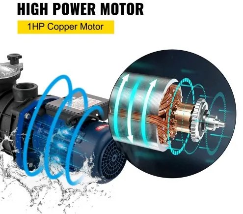 VEVOR 1 HP Pool Pump, 15000 L/h 750W Pool Pump In/Ground Swimming Pool Pump with Strainer Basket Pool Pump Motor for Clean Swimming Pool Water 1.97&quot; Inlet/Outlet pool filter pump with 2 Fitting Hoses