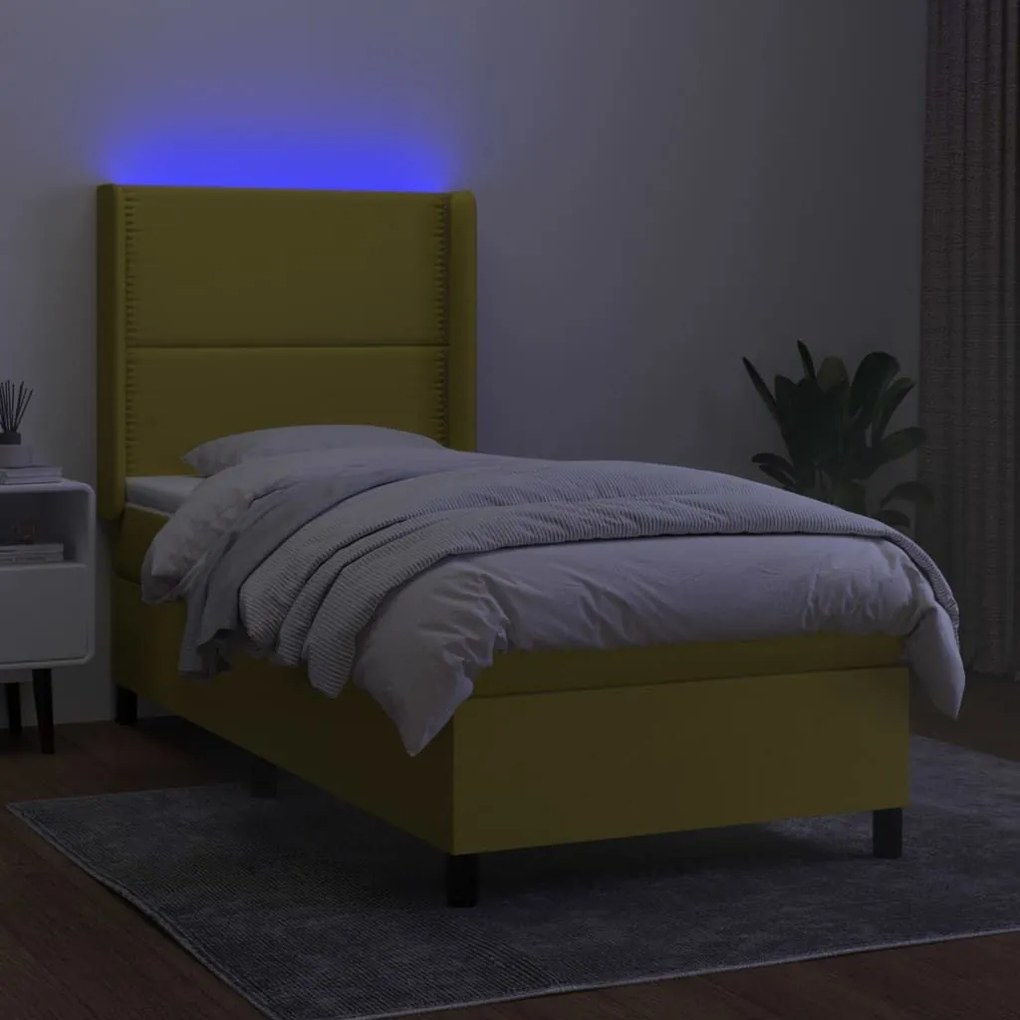 Κρεβάτι Boxspring με Στρώμα &amp; LED Πράσινο 100x200 εκ Υφασμάτινο - Πράσινο