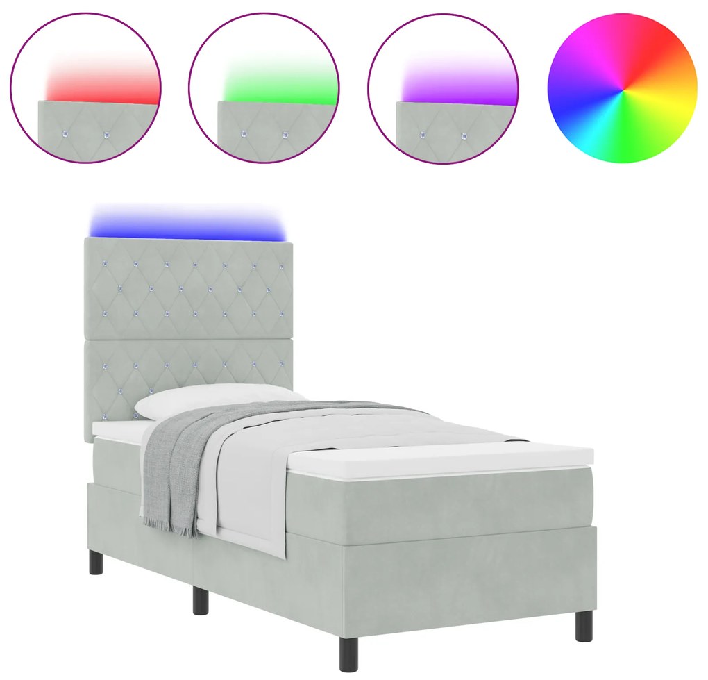 vidaXL Κρεβάτι Box Spring με Στρώμα & Φωτισμό LED Γκρι 90x190 εκ Βελούδο
