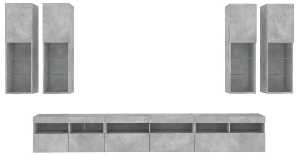 vidaXL Ντουλάπια Τηλεόρασης Τοίχου 7 τεμ. Φώτα LED Γκρι Σκυροδέματος