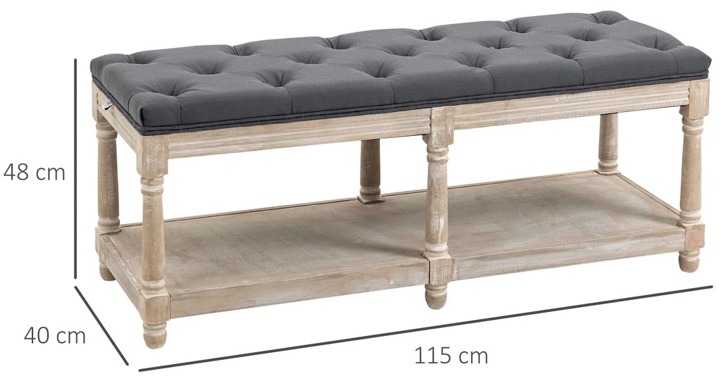 HOMCOM Παπουτσοθήκη-Πάγκος με αποθηκευτικό χώρο, Vintage σχεδιασμός, Κουμπιά, Ξύλο καουτσούκ, 115x40x48cm, Γκρι