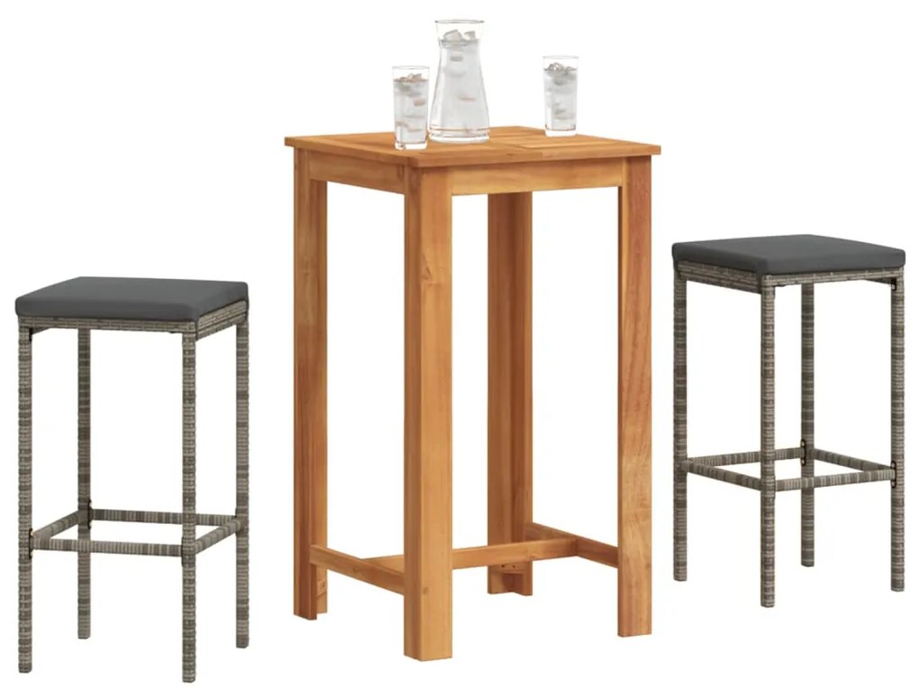 Σετ Μπαρ Κήπου 3 Τεμ. Γκρι Μασίφ Ξύλο Ακακίας και Συνθ. Ρατάν
