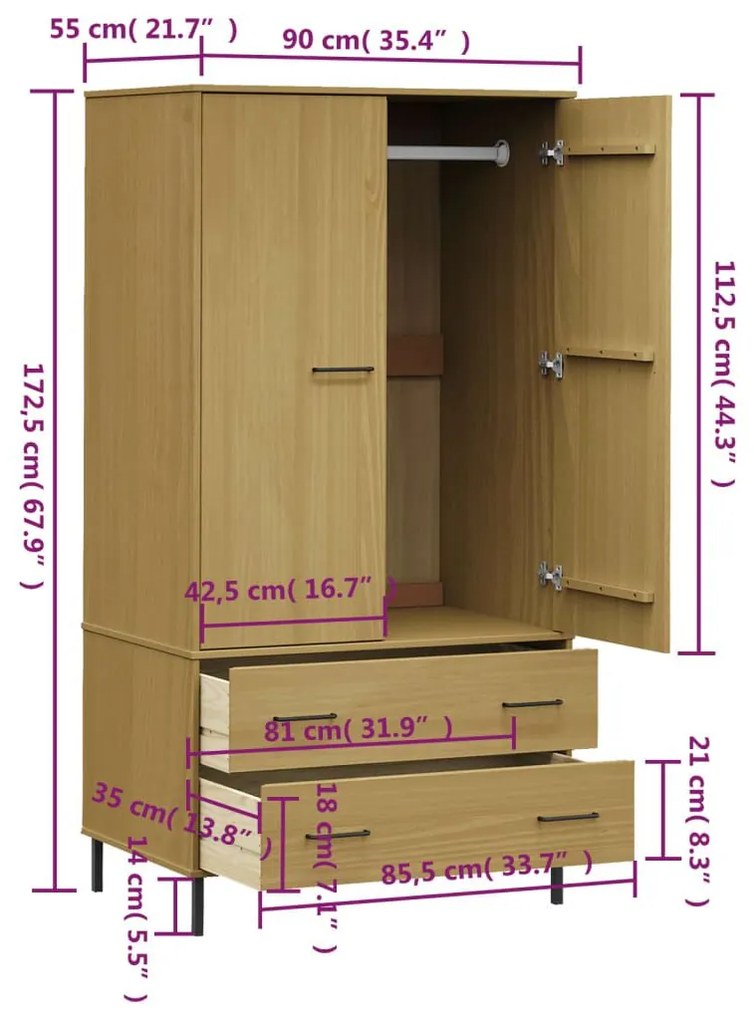 Ντουλάπα OSLO Καφέ 90x55x172,5 εκ. Μασίφ Ξύλο με Μετ. Πόδια - Καφέ