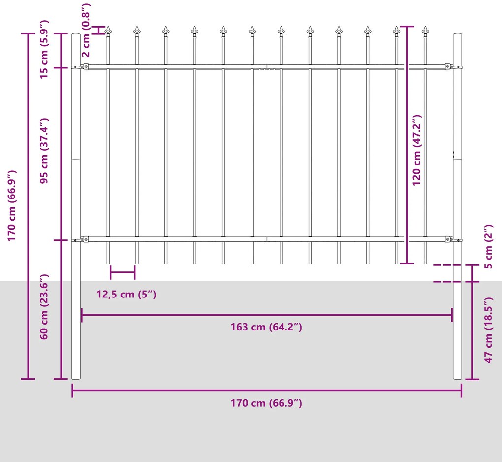vidaXL Φράχτης κήπου με αιχμητή κορυφή Γκρι 1,7x1,2 μ Μέταλλο
