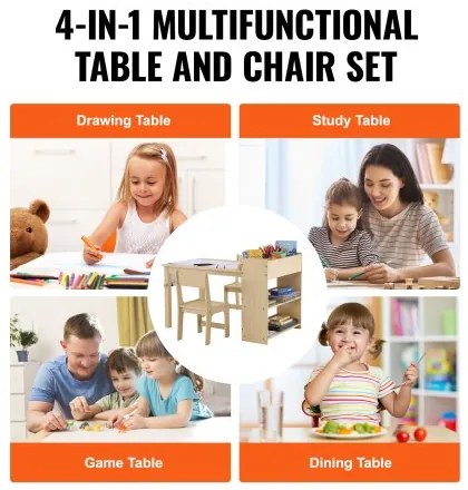 VEVOR Kids Art Table and 2 Chairs Toddler Craft and Play Table with A Cabinet