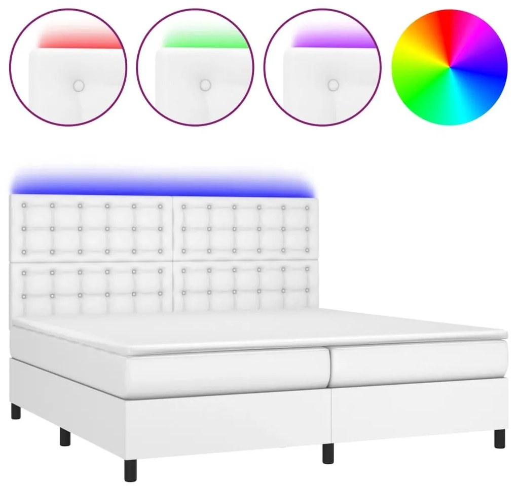 Κρεβάτι Boxspring με Στρώμα &amp; LED Λευκό 200x200 εκ. Συνθ. Δέρμα - Λευκό