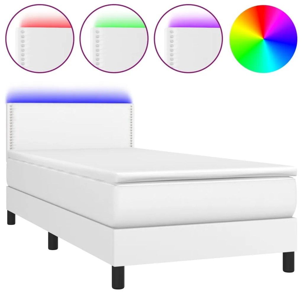 vidaXL Κρεβάτι Boxspring με Στρώμα & LED Λευκό 100x200 εκ. Συνθ. Δέρμα