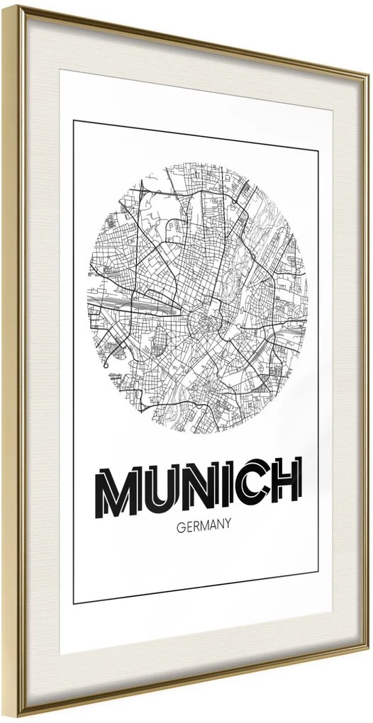 Αφίσα - City Map: Munich (Round) - 30x45 - Χρυσό - Με πασπαρτού