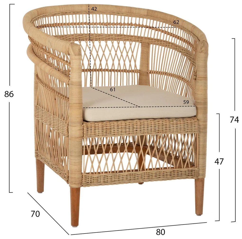 Καρέκλα - Πολυθρόνα MALAWI C9635.04 Ξύλο Μαόνι με Rattan Φυσικό και Λευκό Μαξιλάρι 80x70x86Υεκ. 80x70x86 εκ.