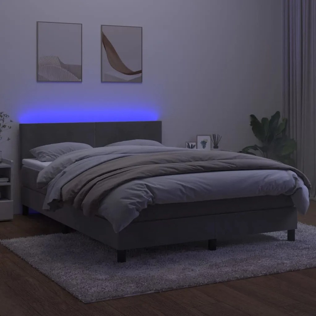 vidaXL Κρεβάτι Boxspring με Στρώμα&amp;LED Αν. Γκρι 140x190 εκ. Βελούδινο