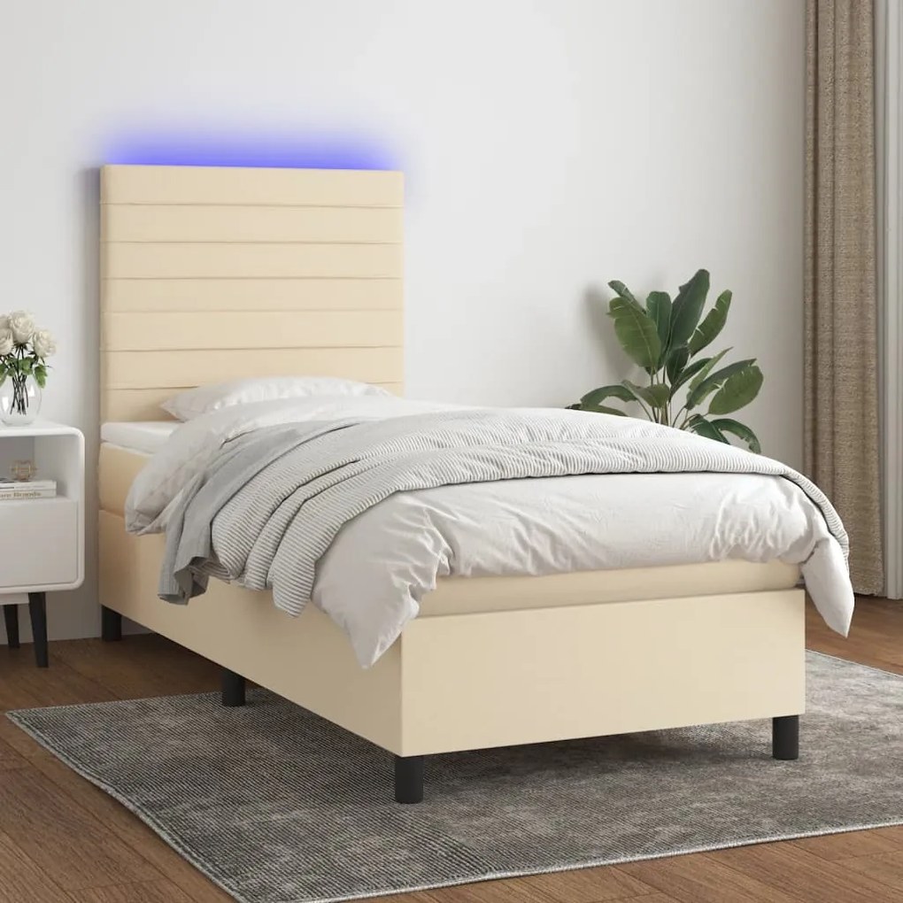 Κρεβάτι Boxspring με Στρώμα &amp; LED Κρεμ 100x200 εκ. Υφασμάτινο - Κρεμ