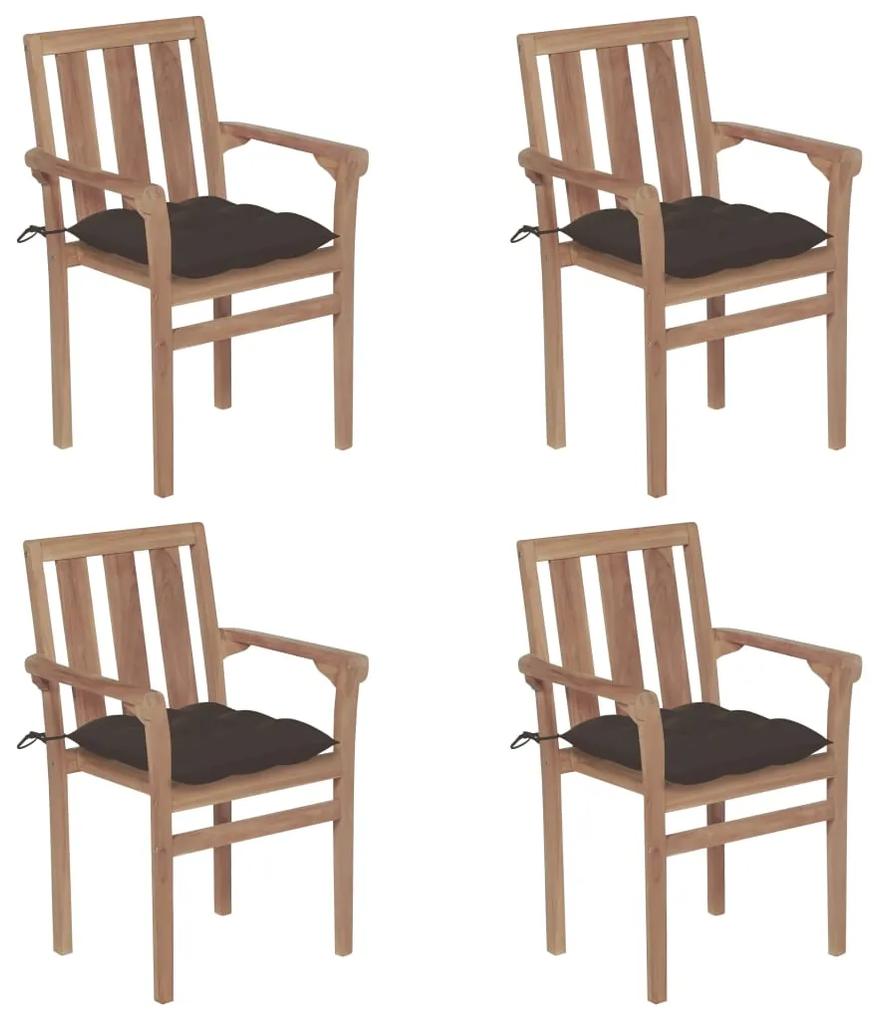 3073402 vidaXL Καρέκλες Κήπου Στοιβαζόμενες 4 τεμ. Μασίφ Ξύλο Teak &amp; Μαξιλάρια μπεζ-γκρι, 1 Τεμάχιο