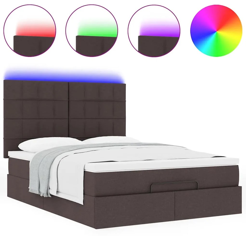 vidaXL Οθωμανικό κρεβάτι με στρώμα & LEDs Σκούρο καφέ 140x190cm Ύφασμα