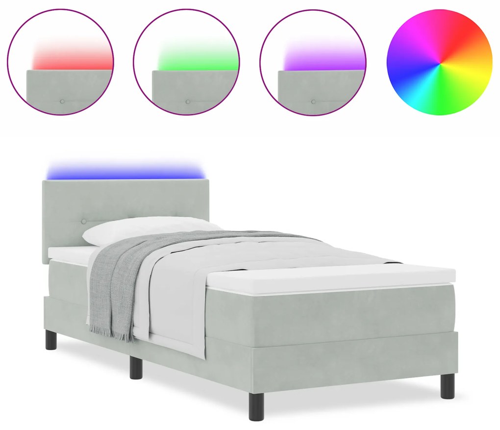vidaXL Κρεβάτι με Στρώμα και Φώτα LED Γκρίζο 90x190 εκ. Βελούδο