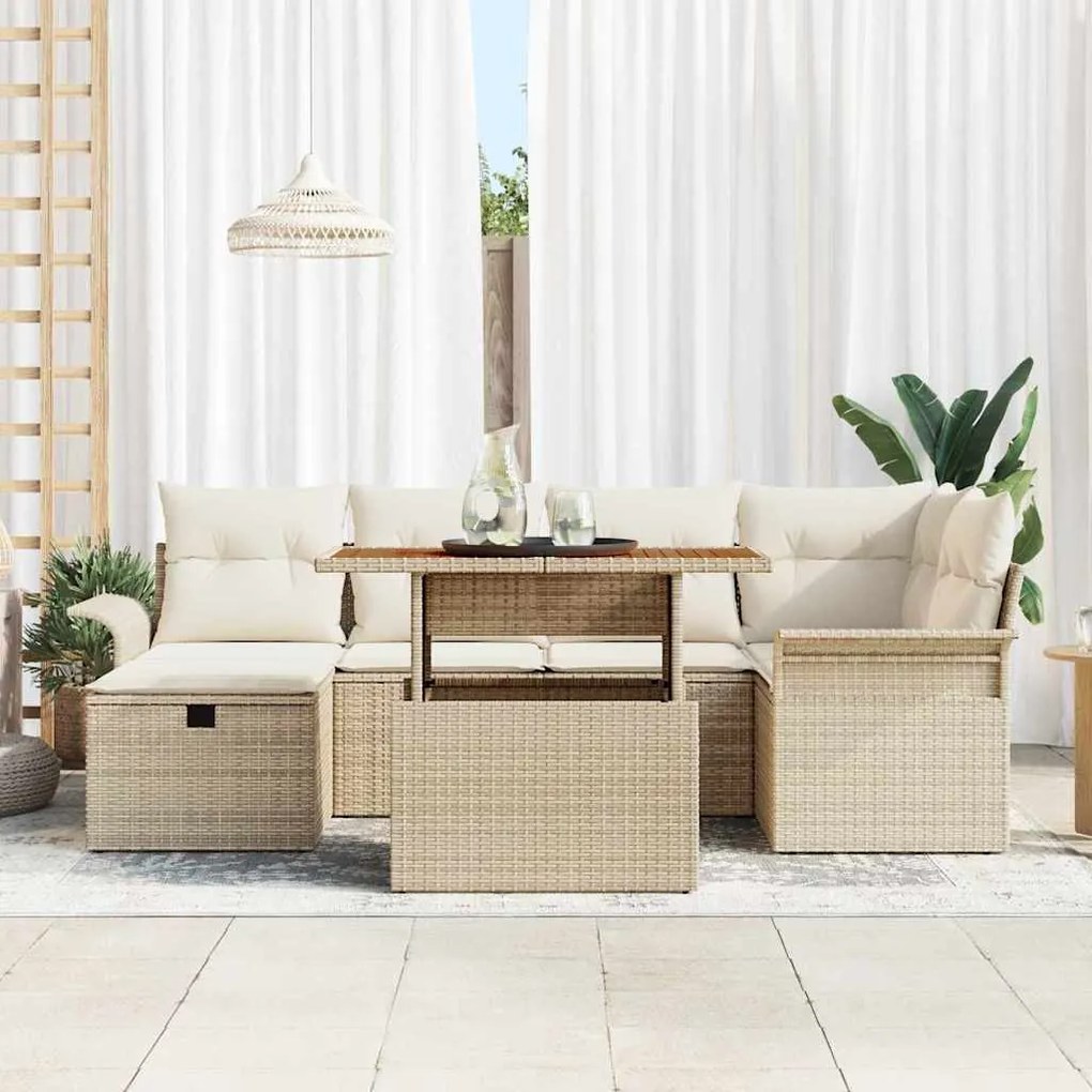 vidaXL Σετ Καναπέ Κήπου Ρυθμιζόμενο ύψος 7 pcs Μπεζ συνθετικό ρατάν