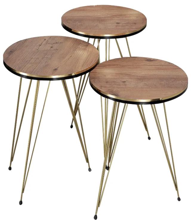 Βοηθητικά τραπέζια Wakmi pakoworld σετ 3τεμ oak μελαμίνης-χρυσό μέταλλο