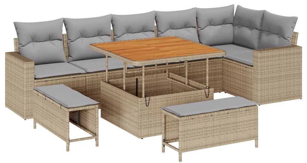 vidaXL Set Καναπέ Κήπου 9 Τεμαχίων με Μαξιλάρια Μπεζ Πολυ Ράττεν Ακακία.