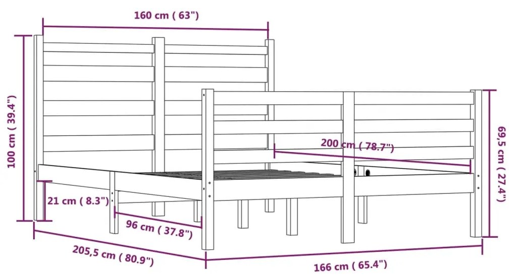 Πλαίσιο Κρεβατιού 160 x 200 εκ. από Μασίφ Ξύλο Πεύκου - Καφέ