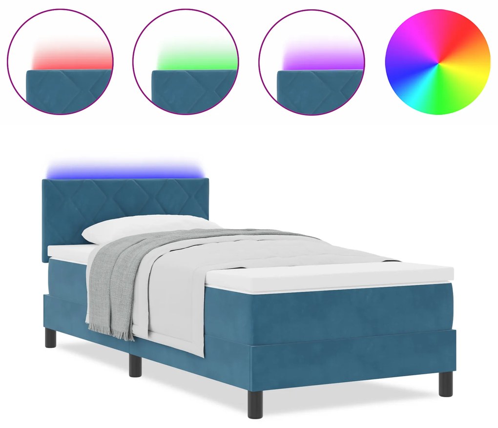 vidaXL Κρεβάτι με Βάση και Στρώμα & LED Σκούρο Μπλε 90x200 εκ Βελούδο