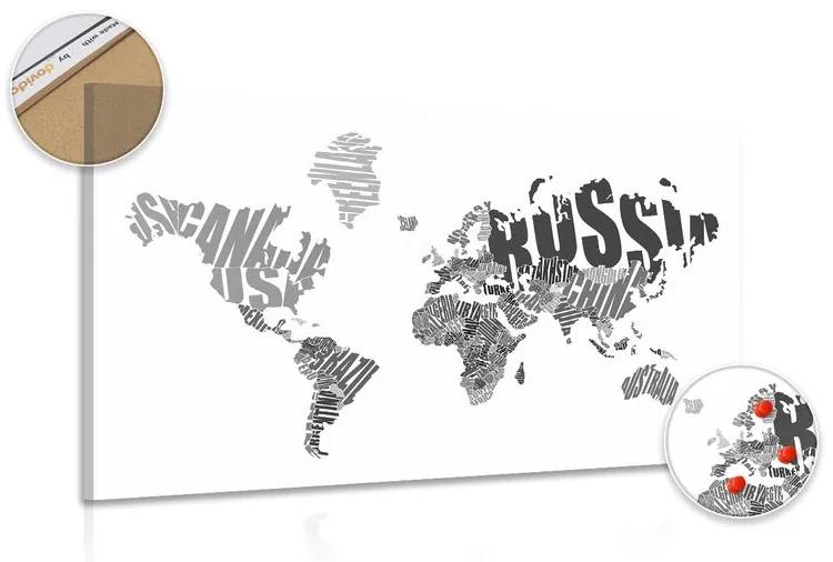 Εικόνα στον παγκόσμιο χάρτη φελλού από επιγραφές σε ασπρόμαυρο - 90x60  peg