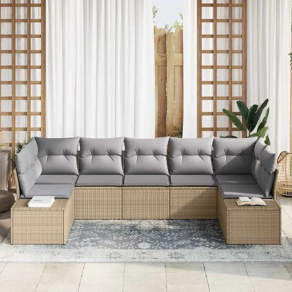 vidaXL Σετ Καναπέ Κήπου με μαξιλάρι 7 pcs Μπεζ Πολυ ράταν