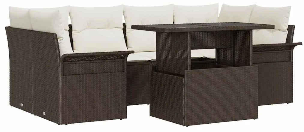 vidaXL 7 τεμαχίων σετ κήπου καναπέ με μαξιλάρια, καφέ πολυράτταν
